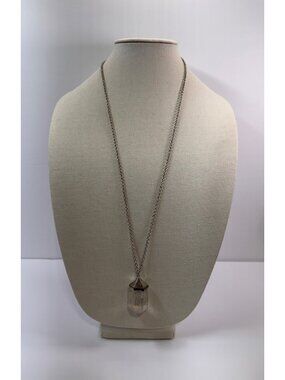 Clear Quartz Point Pendant Necklace Silver Tone 32” Crystal Statement